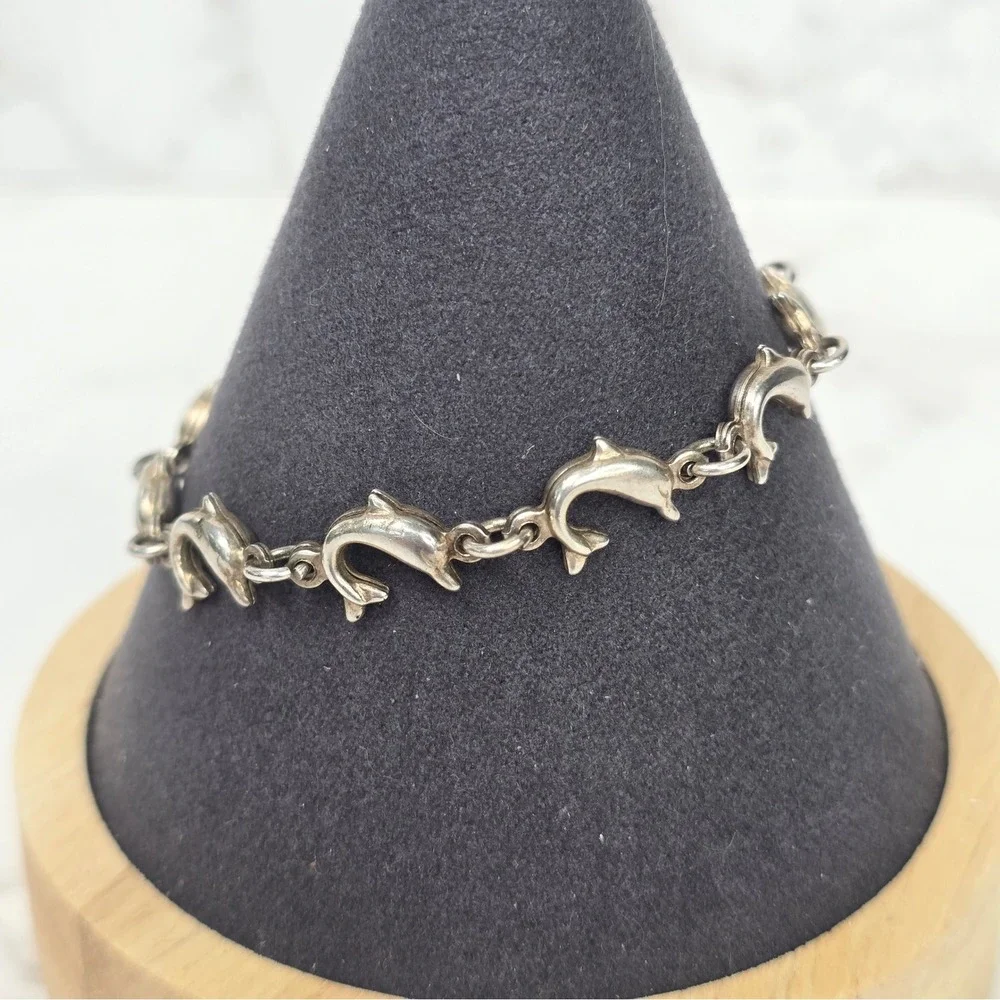 Vintage Italy 925 Sterling Silver Dolphin Link Bracelet 6.25 Inch 6.7g